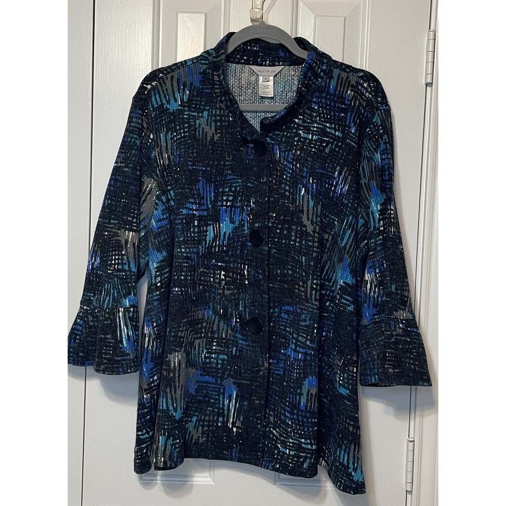 Multiples 1x Blue Teal Abstract Knit Topper Jacket Button Front 3/4 Bell Sleeve